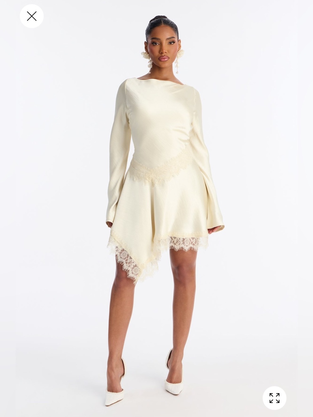 Fashion Nova Off-White Satin Lace Trim Mini Dress